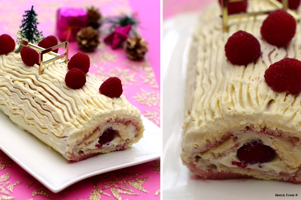 recette bûche chocolat blanc framboises